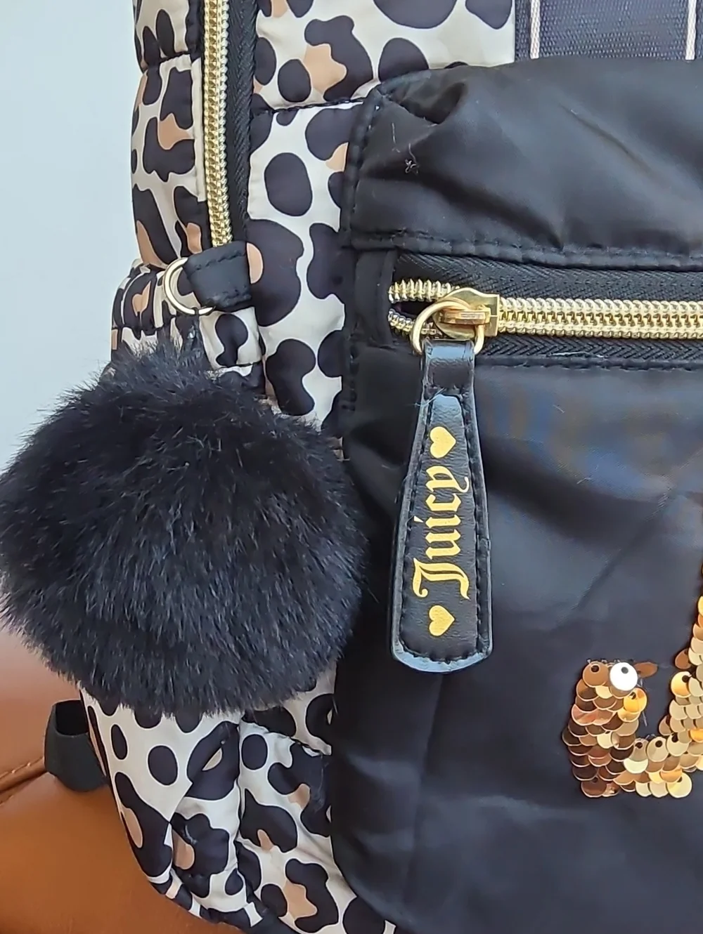 JUICY COUTURE Large Leopard Print Quilted Backpack With Gold Sequin Logo